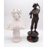 Plaster bust of an Art Nouveau style lady, along with an early 20th Century French spelter figure