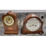 Two mantle clocks, inlaid mahogany and oak and ply two hole clock