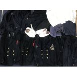 Large collection of WW2 and later Royal Navy uniform, including three tunics with insignia.