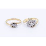 Two diamond and 18ct gold cross over  rings, comprising a flower cluster ring claw set with small