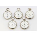 A collection of five late 19th early 20th century silver open faced pocket watches, all with white