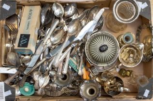 Collection of silver plated wares including salver, tankards, posy vases, Talheres Wolff boxed and