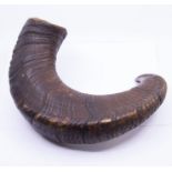 Horns: A large decorative Ram horn of curved form, with natural ridges to horn, detached from