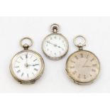 Three early 20th century ladies open faced pocket watch, comprising one with a white enamel dial