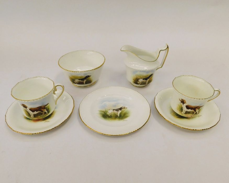 J Barlow: A Royal Crown Derby part tea service in the  Hunting Dogs pattern, gilt rims to all.