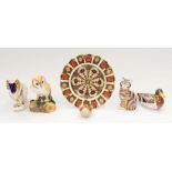 Royal Crown Derby - 4 paperweights (3 silver stoppers and 1 gold stopper) an owl figurine and an
