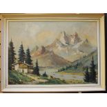 F Hoos (1884-1966), signed oil on canvas, Alpine landscape scene, with chalet besides a lake