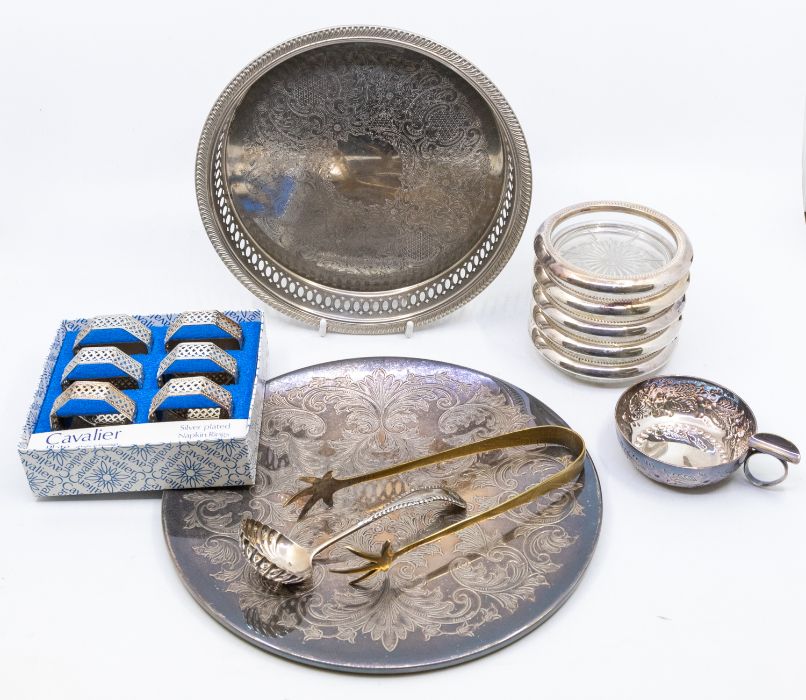 A Small collection of plated items including coasters, tray, napkin rings