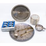 A Small collection of plated items including coasters, tray, napkin rings