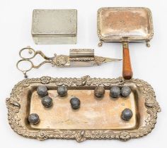 A collection of plate to include candle snuffer scissors, snuffer tray, toilet box with stone balls,