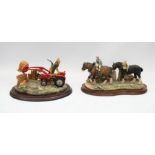 Two Border Fine Art models on wooden stands: one of a farmer riding plough horses and one of a