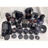 Cameras and lenses: collection of mostly Centon lenses with two Centon cameras, various flash
