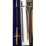 Three Masonic swords, one with a black & a red scabbed. One with a damaged cross guard. All in a