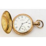A late Victorian Waltham gold plated hunter pocket watch, comprising a signed white enamel dial, A W