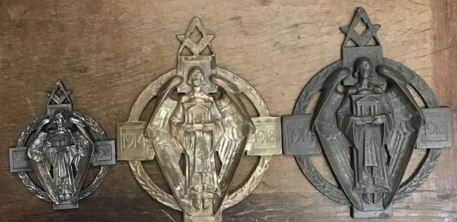 Three WW1 Masonic Memorial Plaques, two cast metal and one in a composite, the small plated plaque