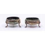 A pair of George III silver salts with three feet and plain design, hallmarks to bases, London Circa