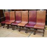 Six mid-20th century, Italian-style, leather-covered dining chairs with mahogany frames