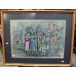 A framed colour print of African women and a child by Elmien Kotze