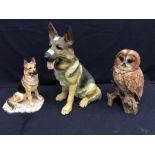 Border Fine Arts: a German Shepherd dog on a stand; and a large resin German Shepherd and owl