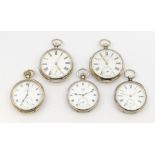 A collection of five late Victorian early 20th century silver open faced pocket watches, all with