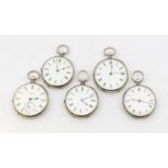 A collection of five silver open faced ladies pocket watches, all with white enamel dials, Roman