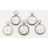 A collection of five ladies silver open faced pocket watches, all with white enamel dials, Roman