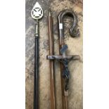 Wood and composite Crosier staff and banner staff (in two parts with cast metal base). Crosier is