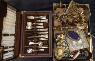A collection of plated and silver wares to include; plated candelabra, plated posy centrepiece,