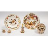 A collection of Royal Crown Derby china items, i.e. 1128 Imari spice jar, a candle snuffer and a