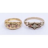 A Victorian ruby and diamond star set ring with scroll decoration, width approx 8mm, size L, total
