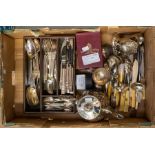 A collection of silver plated items including flat wares, boxed and loose, teapot, sugar bowl,