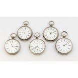 A collection of five ladies silver open faced pocket watches, all with white enamel dials, Roman
