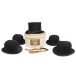 A collection of four bowler hats along with a mole skin top hat by Best London,  (in original card