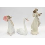 3 Lladro figures: 'Swan', 'Girl with Parasol' and 'Girl holding Basket of Fruit' - largest figure is