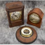 Two wooden case mantle clock, one Butt & Co Ltd Chester and a Aneroid barometer.