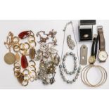Collection of costume jewellery, watches, gilt silver coins, amber style necklaces, bangles etc