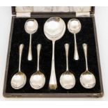 A cased set of six EPNS dessert / ice cream spoons and server with Art Deco style design and in