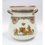 A large ceramic jardinière/planter with gilding and depictions of figures, horses and decoration