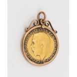 A George V full sovereign dated 1915, within 9ct gold pendant mount, total weight approx 9.2gms