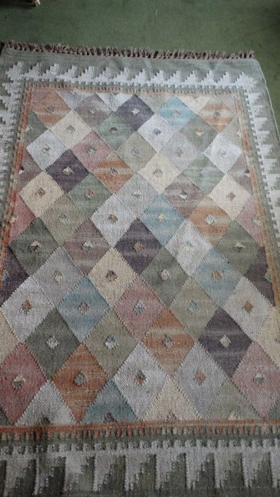 *Item to be collected from Friargate, Derby* A woollen rug in tones of green, blue, orange, pink - Image 2 of 9