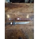 Ross Rifle Bayonet, complete with scabbard and leather frog belt holder. Bayonet is marked Ross