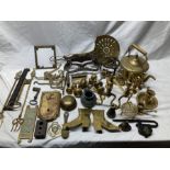 Good selection of metal ware including brass kettle, trivet, firedogs, door furniture large keys