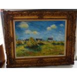J .Hoste landscape with stooks of corn, rustic cottages beyond, signed lower right, oil on board,