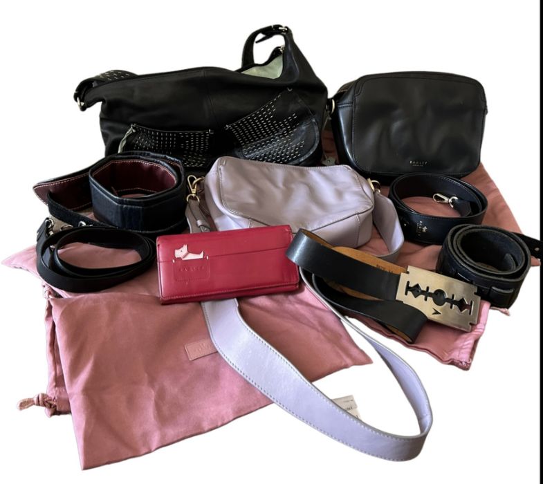 Three radley leather bags with straps and dust bags, a radley wallet and three belts (qty in one