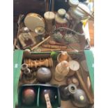 4 wooden crown green bowls, two in leather case, Rustic drums and instruments,and assorted treen.