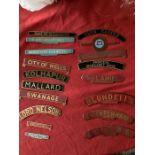 Collection of metal railway signs in miniature, pair of cased engines and carriages on track, 4