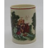 A creamware mug circa 1780-1800, decorated with a farming scene 9cm high restuck chip on the top