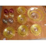 A set of 6 coloured glass shot glasses C1980's and a yellow pressed glass banded  fruit set to