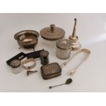 A quantity of various silver items to include: A silver wine funnel, a silver lidded powder bowl,