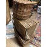 3 vintage wicker fishing baskets two rectangular, one semi circular.